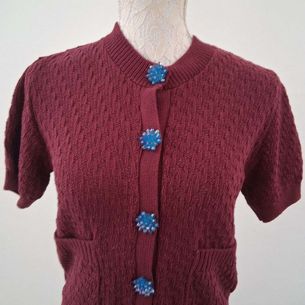 Zara Maroon Cardigan with Vibrant Blue Accents